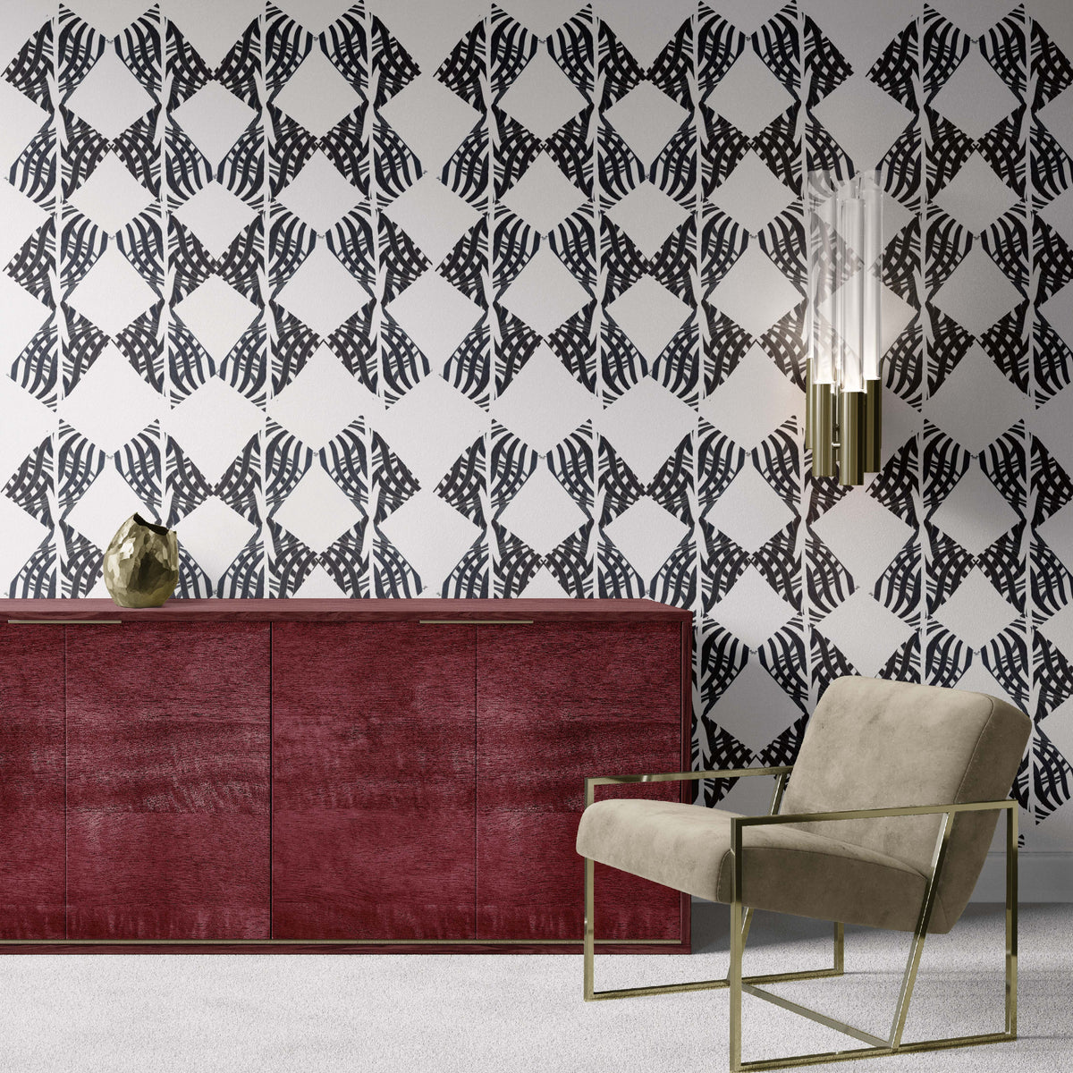 white-black_A wallpaper with a traditional geometric pattern in a black and white color.