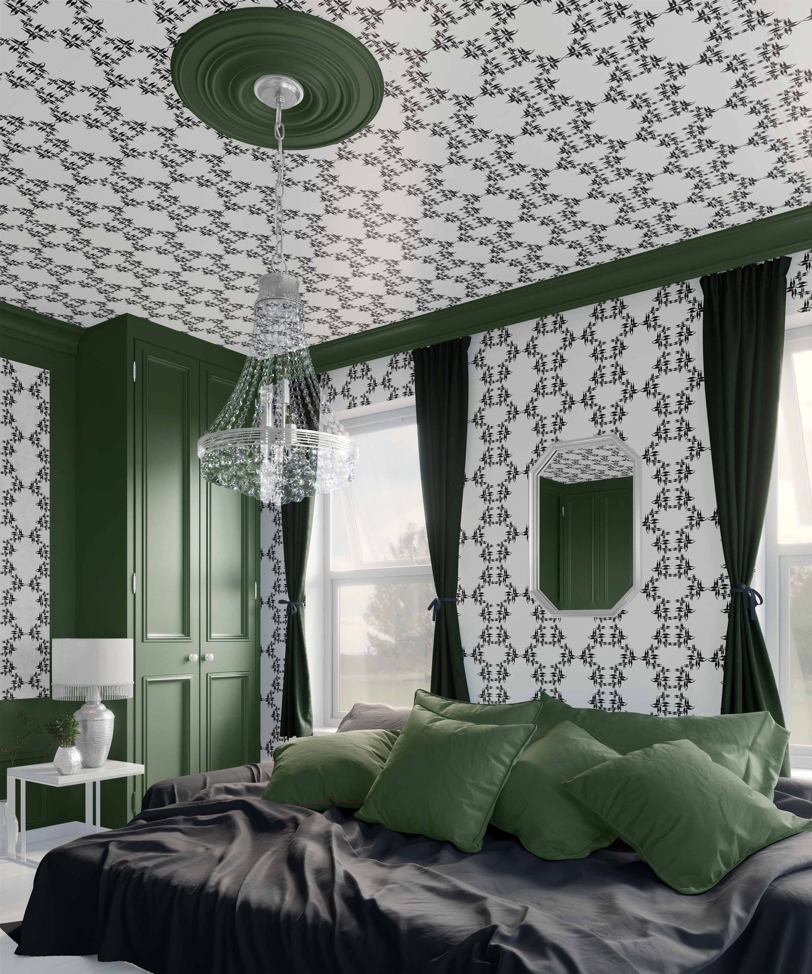 white-black_wallpaper black floral pattern on a white background in a bedroom