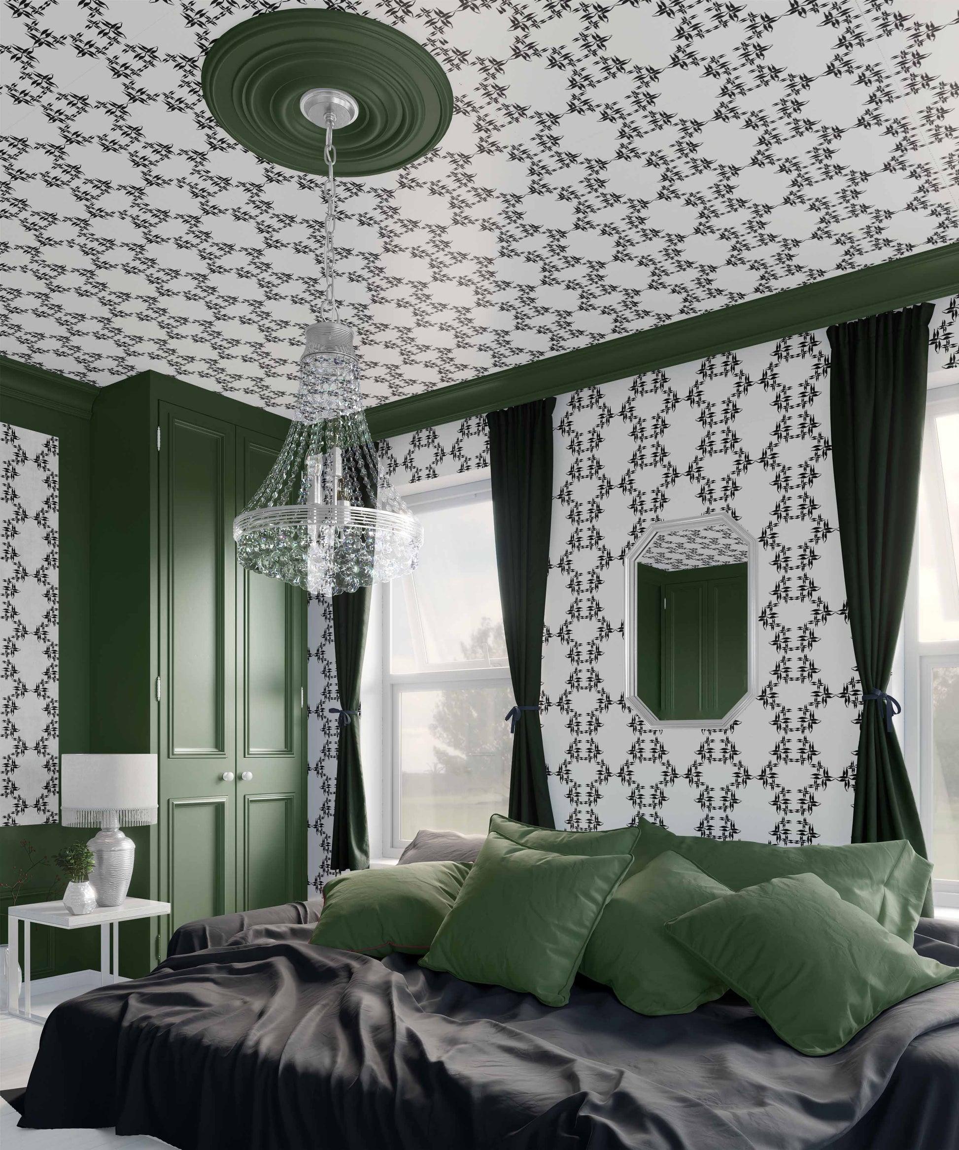 white-black_wallpaper black floral pattern on a white background in a bedroom