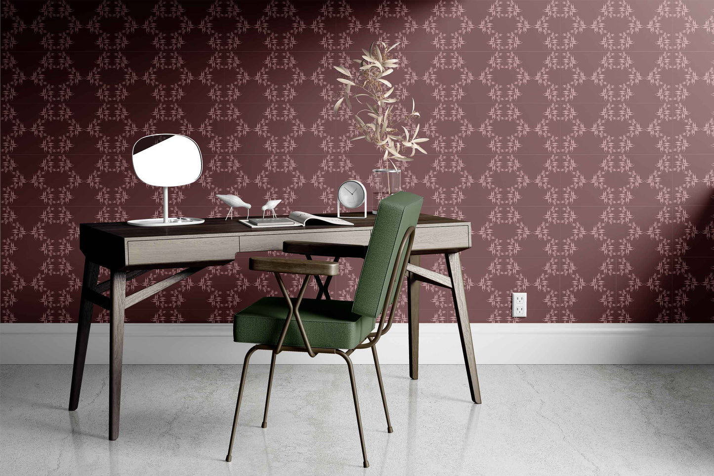 blush-wine_wallpaper showing a repeated pattern of purple floral designs on a wine background.