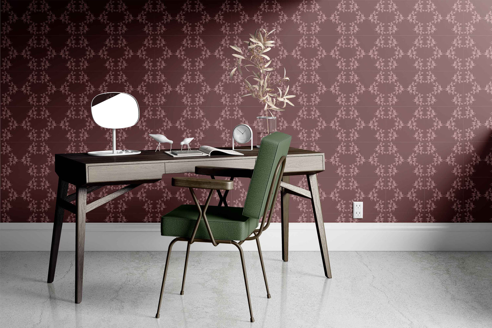 blush-wine_wallpaper showing a repeated pattern of purple floral designs on a wine background.