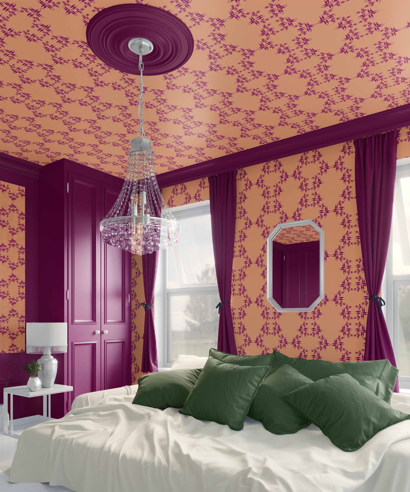 peach-fuzz-violet_wallpaper showing a repeated pattern of purple floral designs on a orange background.