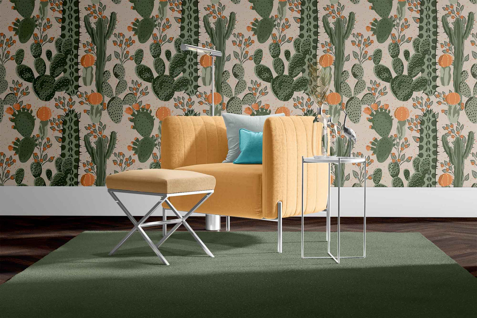 tan_wallpaper with a green cactus pattern on a beige background in a sitting room with an orange sofa