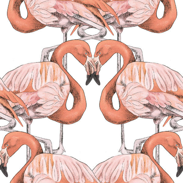 white_Pattern of pink flamingos on a white background
