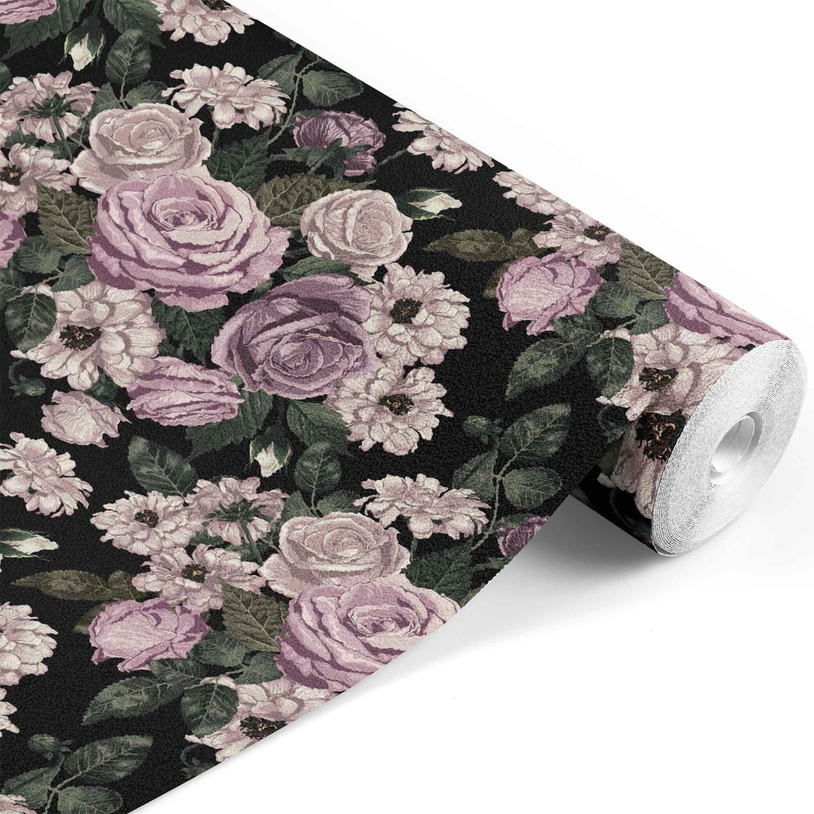 lavender_floral wallpaper featuring lavender colored roses and other flowers on a black background.