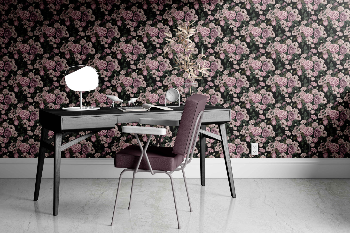 lavender_floral wallpaper featuring lavender colored roses and other flowers on a black background in an office