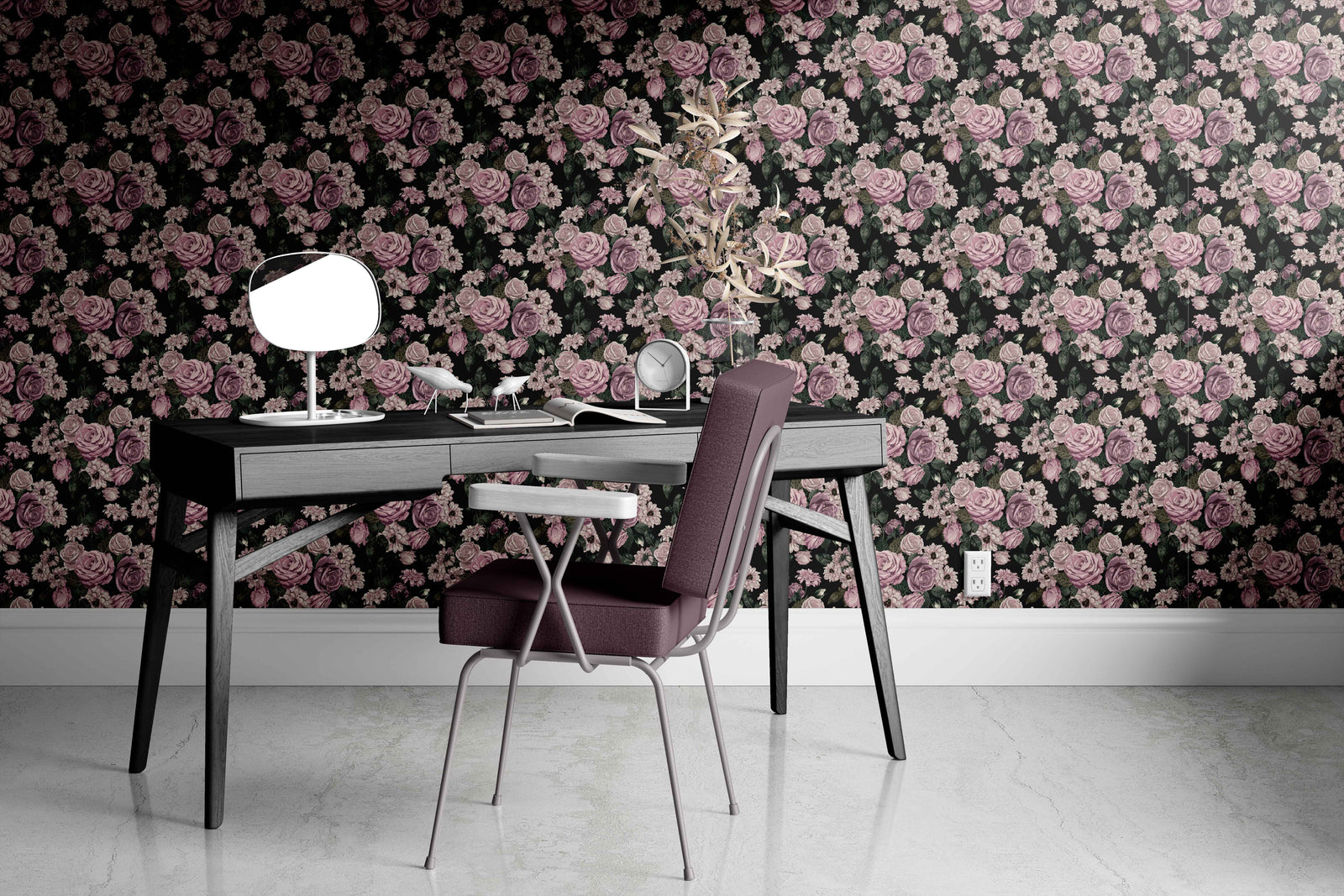 lavender_floral wallpaper featuring lavender colored roses and other flowers on a black background in an office