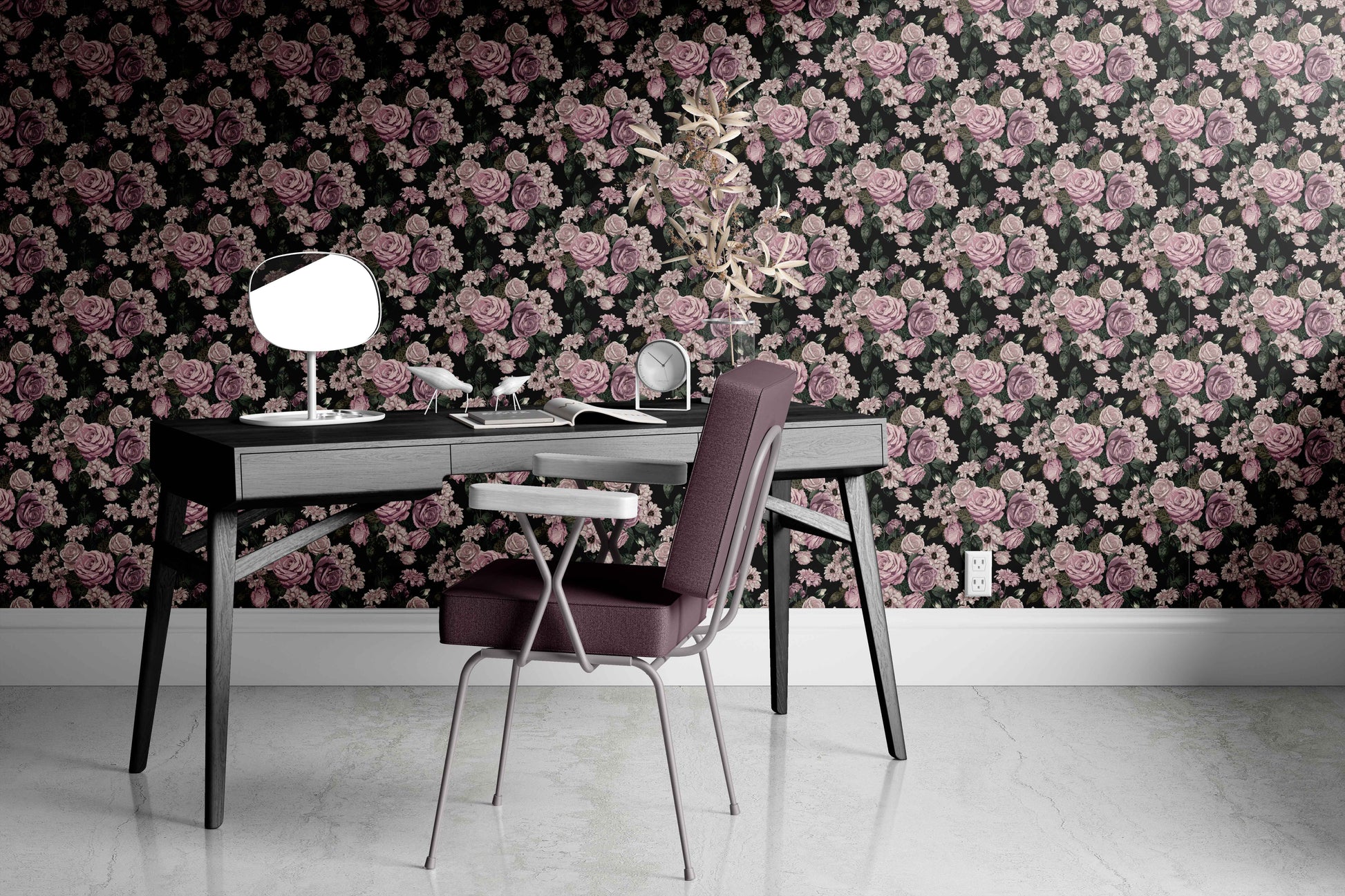 lavender_floral wallpaper featuring lavender colored roses and other flowers on a black background in an office