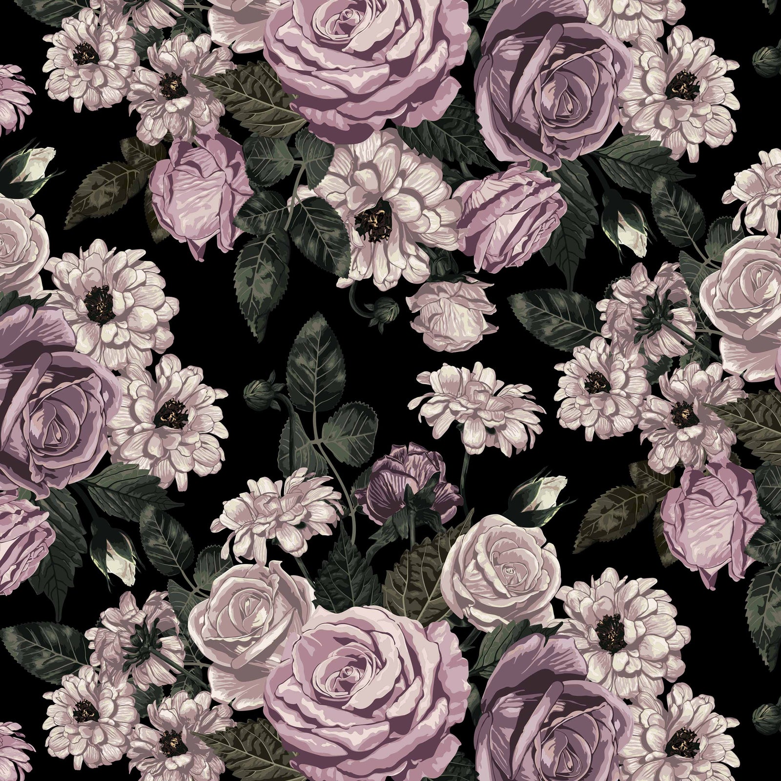lavender_floral wallpaper featuring lavender colored roses and other flowers on a black background.