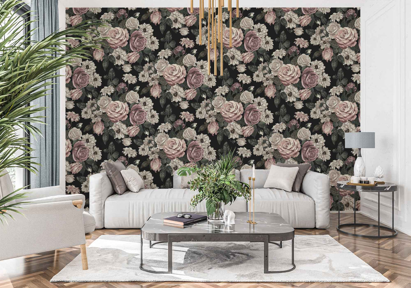 black_floral wallpaper featuring dusty rose colored roses and other flowers on a black background.