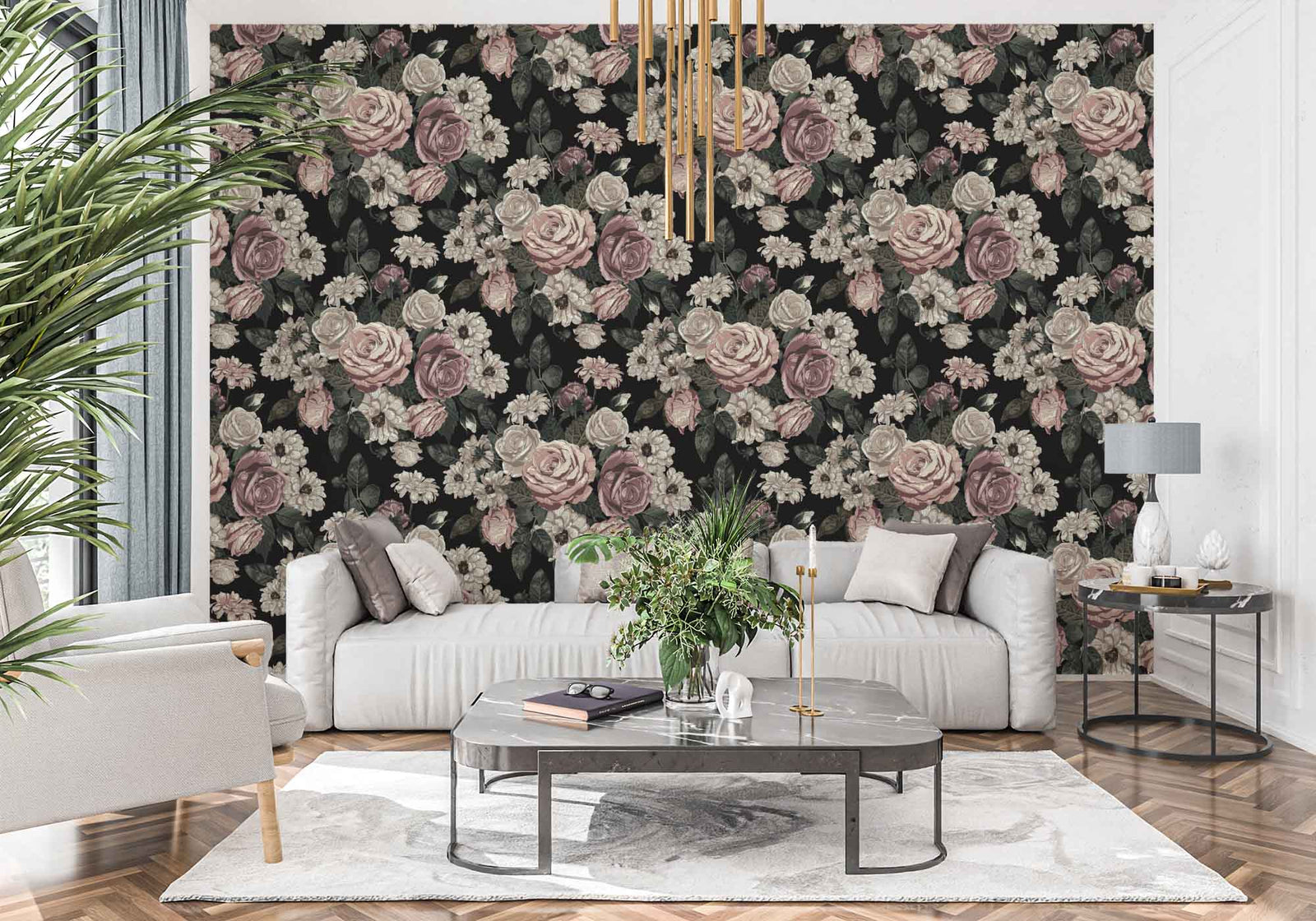 black_floral wallpaper featuring dusty rose colored roses and other flowers on a black background.