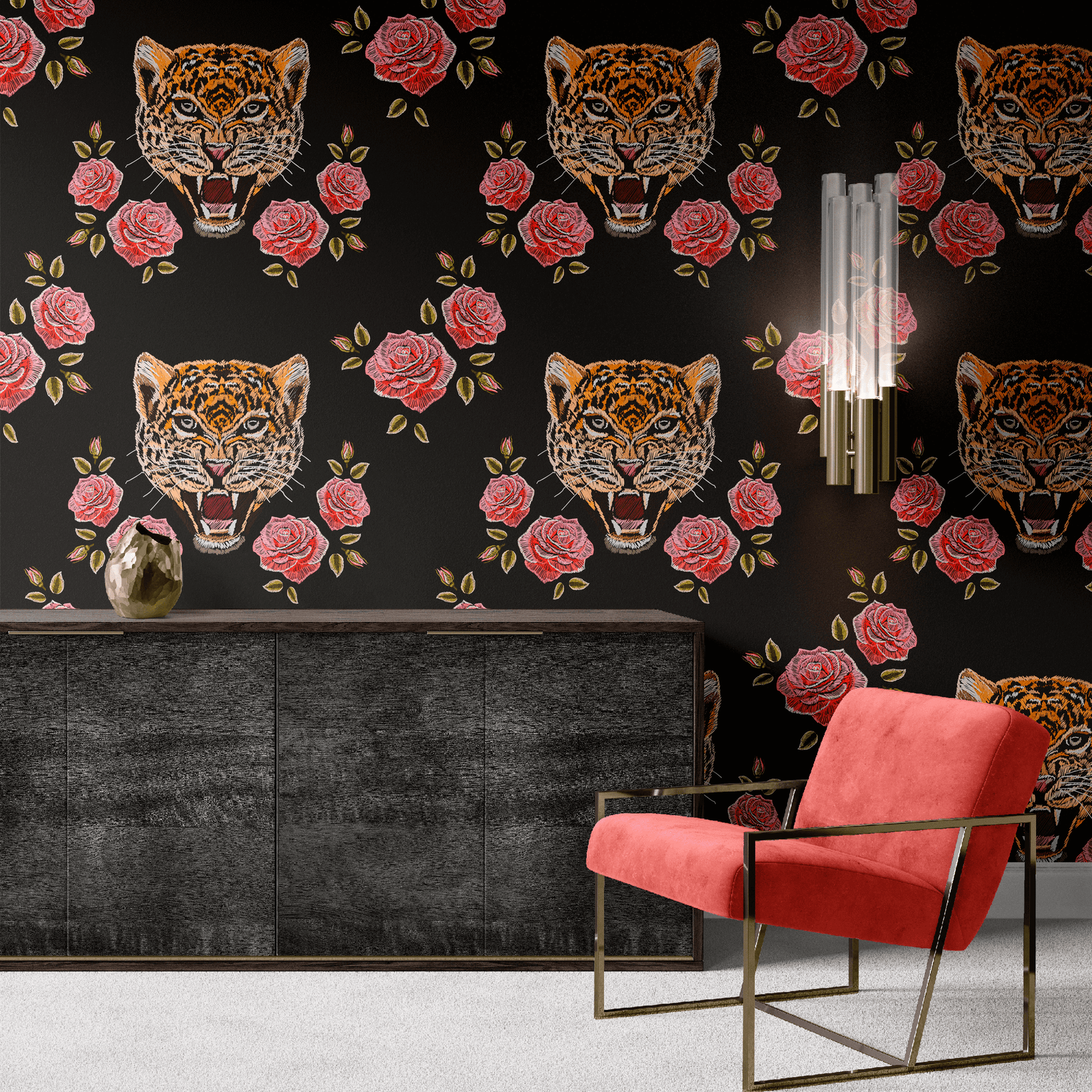 black_repeating pattern with embroidered tiger heads and roses.