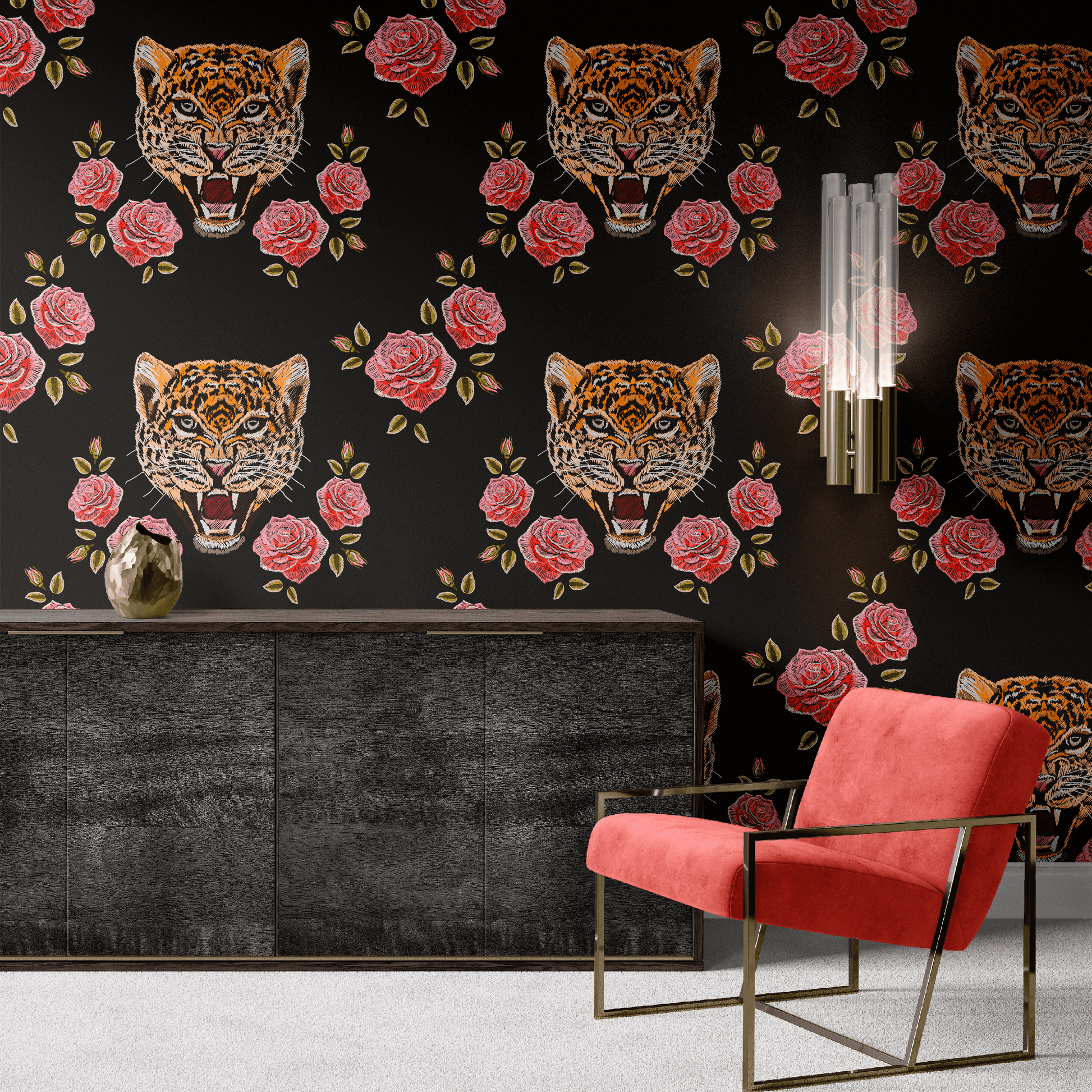 black_repeating pattern with embroidered tiger heads and roses.
