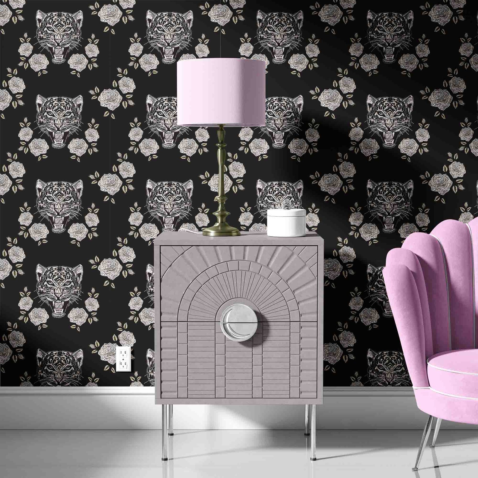 ivory_repeating pattern with embroidered tiger heads and roses.