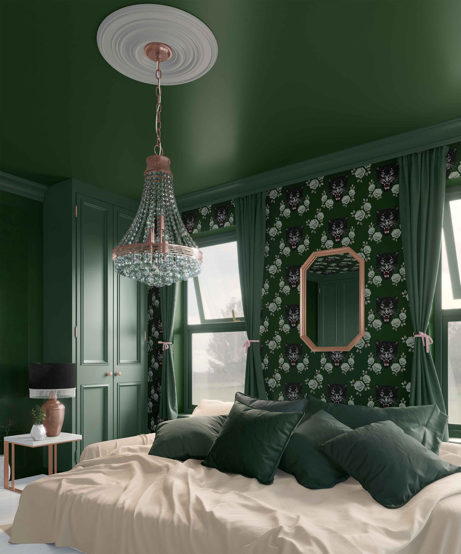 green_repeating pattern with embroidered tiger heads and roses.