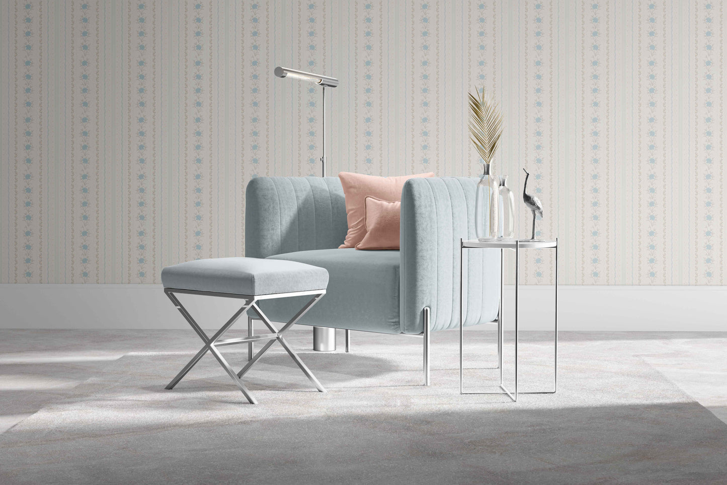 blue_A wallpaper featuring a floral pattern with blue flowers and green leaves on a cream background, with vertical stripes.
