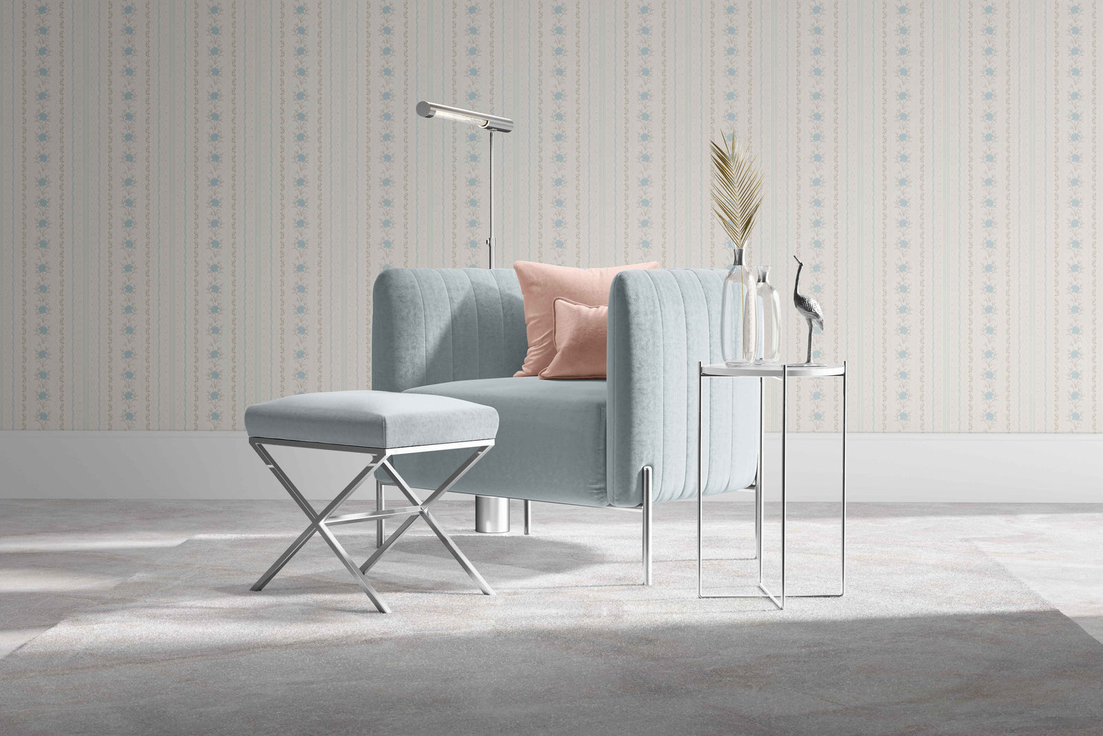 blue_A wallpaper featuring a floral pattern with blue flowers and green leaves on a cream background, with vertical stripes.