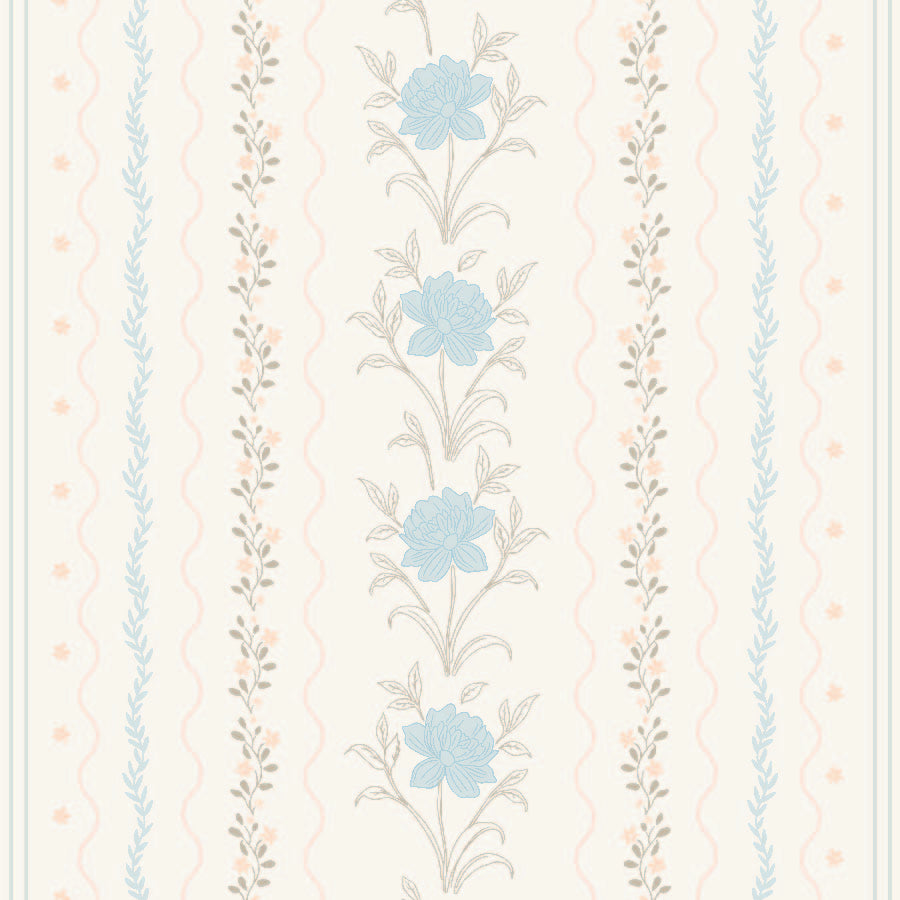 blue_A wallpaper featuring a floral pattern with blue flowers and green leaves on a cream background, with vertical stripes.