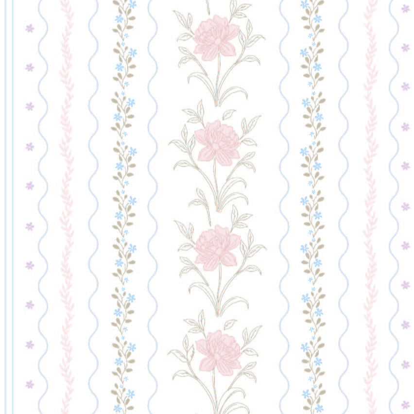pastel_A wallpaper featuring a floral pattern with pink and blue flowers and green leaves on a white background, with vertical stripes.