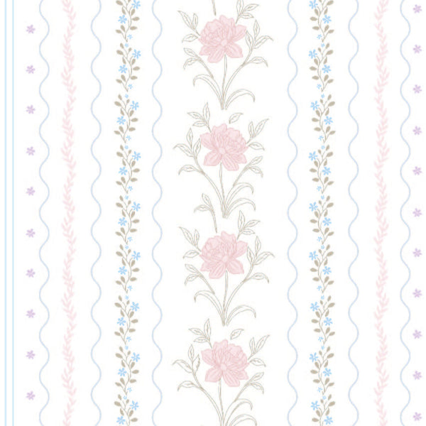 pastel_A wallpaper featuring a floral pattern with pink and blue flowers and green leaves on a white background, with vertical stripes.