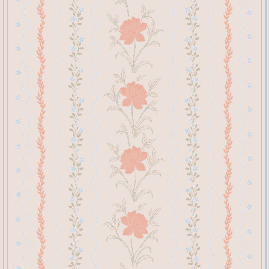 peach_A wallpaper featuring a floral pattern with peach and blue flowers and green leaves on a cream background, with vertical stripes.