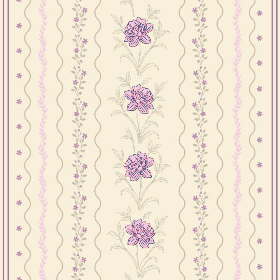 purple_A wallpaper featuring a floral pattern with purple flowers and green leaves on a cream background, with vertical stripes.