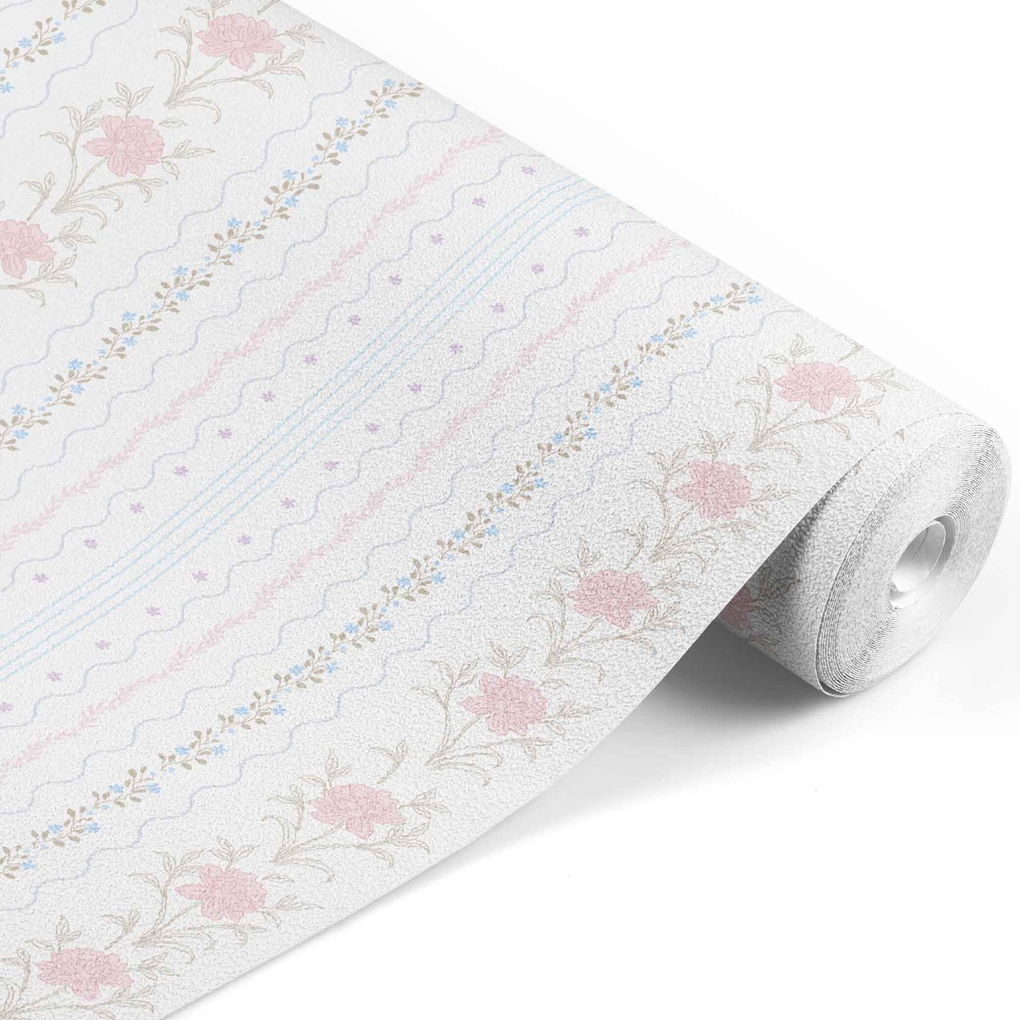 pastel_A wallpaper featuring a floral pattern with pink and blue flowers and green leaves on a white background, with vertical stripes.