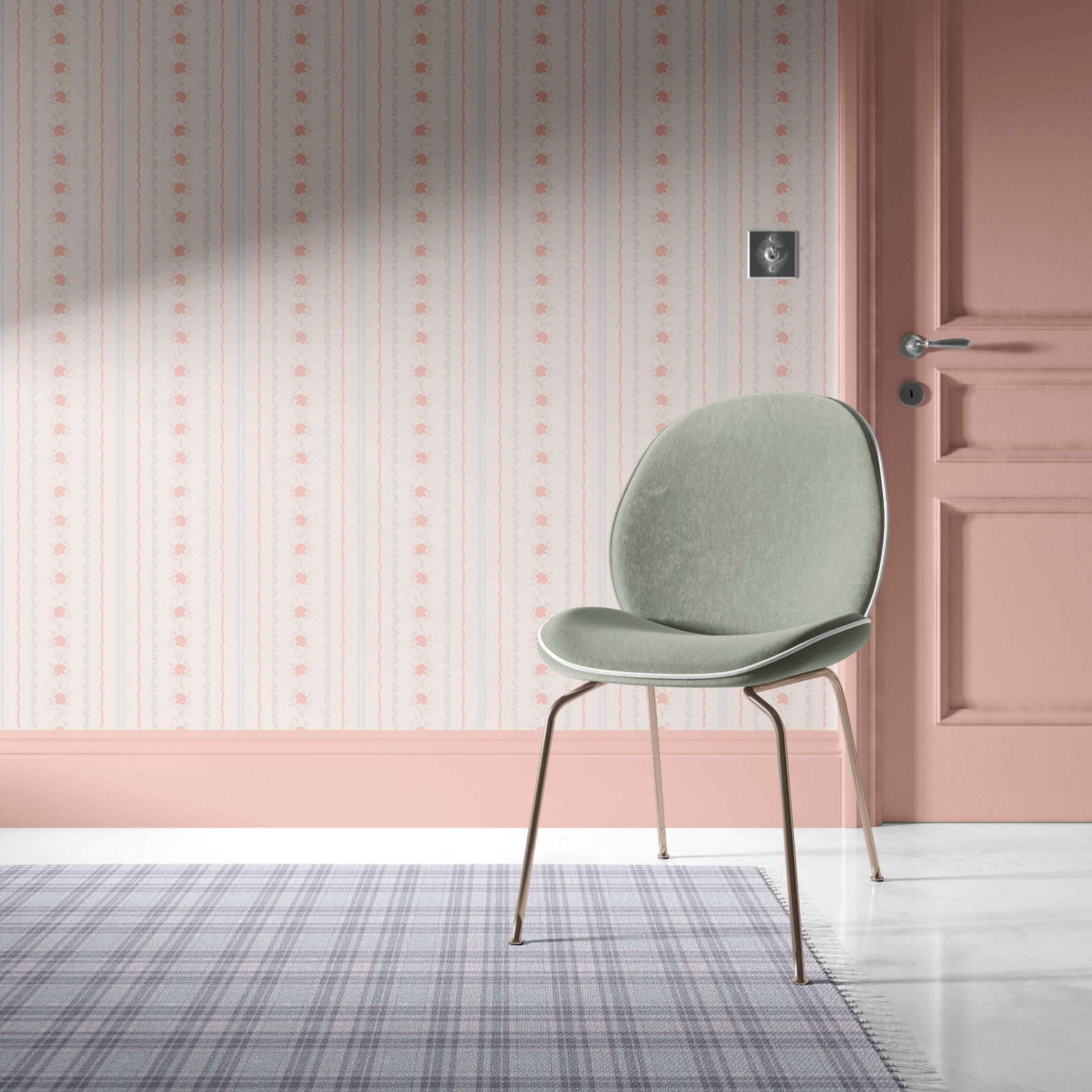 peach_A wallpaper featuring a floral pattern with peach and blue flowers and green leaves on a cream background, with vertical stripes.