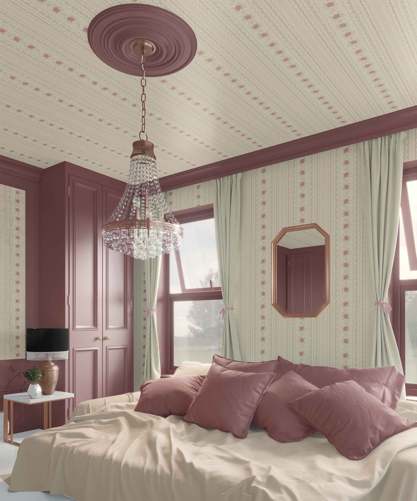pink_A wallpaper featuring a floral pattern with pink flowers and green leaves on a cream background, with vertical stripes.
