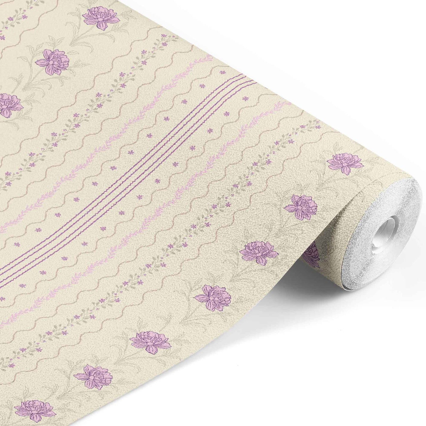 purple_A wallpaper featuring a floral pattern with purple flowers and green leaves on a cream background, with vertical stripes.