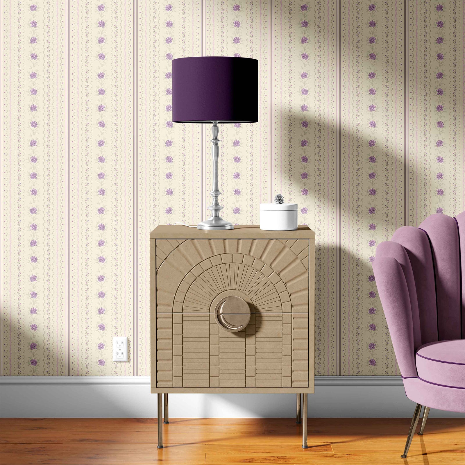 purple_A wallpaper featuring a floral pattern with purple flowers and green leaves on a cream background, with vertical stripes.