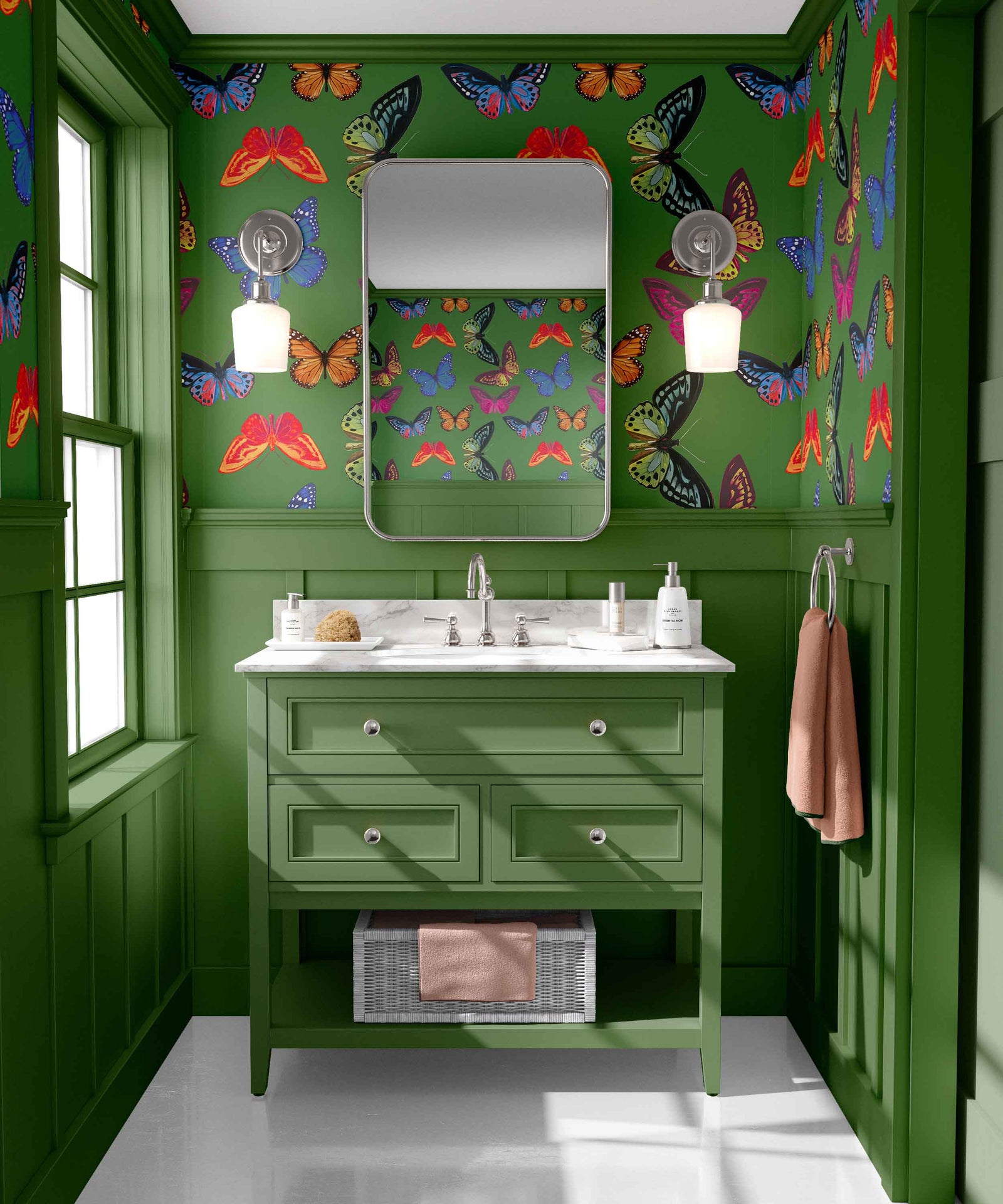green_wallpaper pattern of multicolor butterflies on green background in bathroom