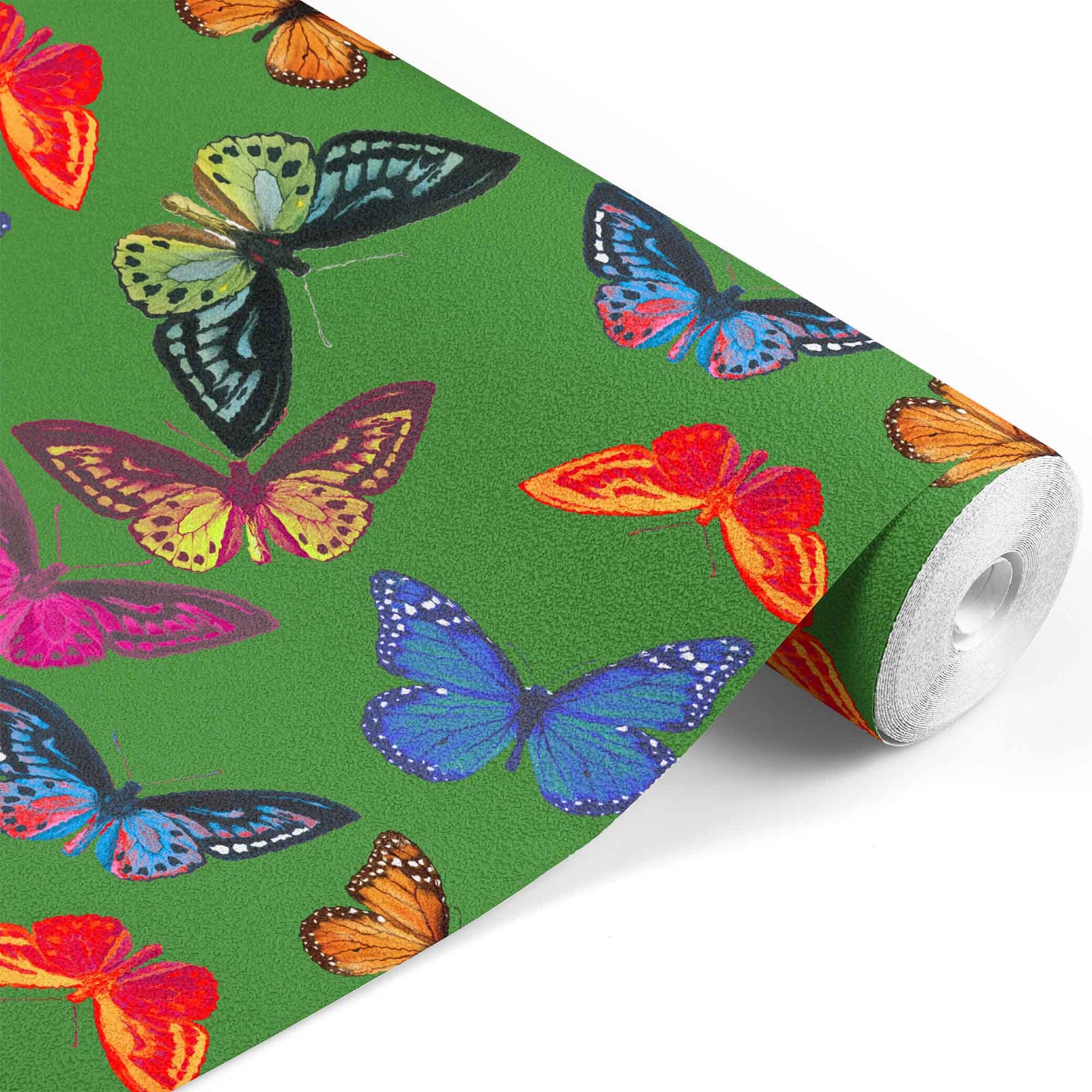 green_wallpaper pattern of multicolor butterflies on green background