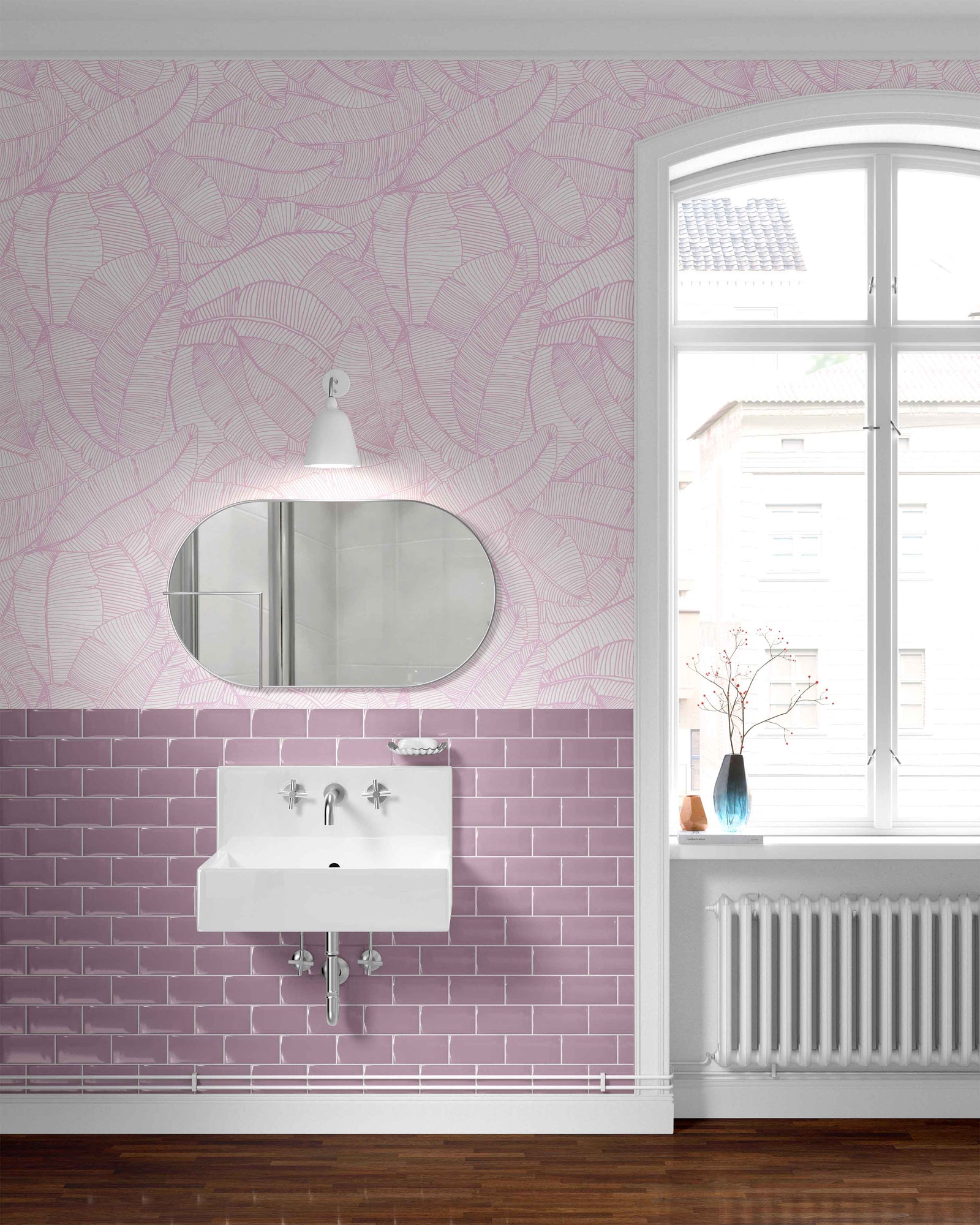 light-pink_A wallpaper with a pattern of light pink and white feathers in a bathroom