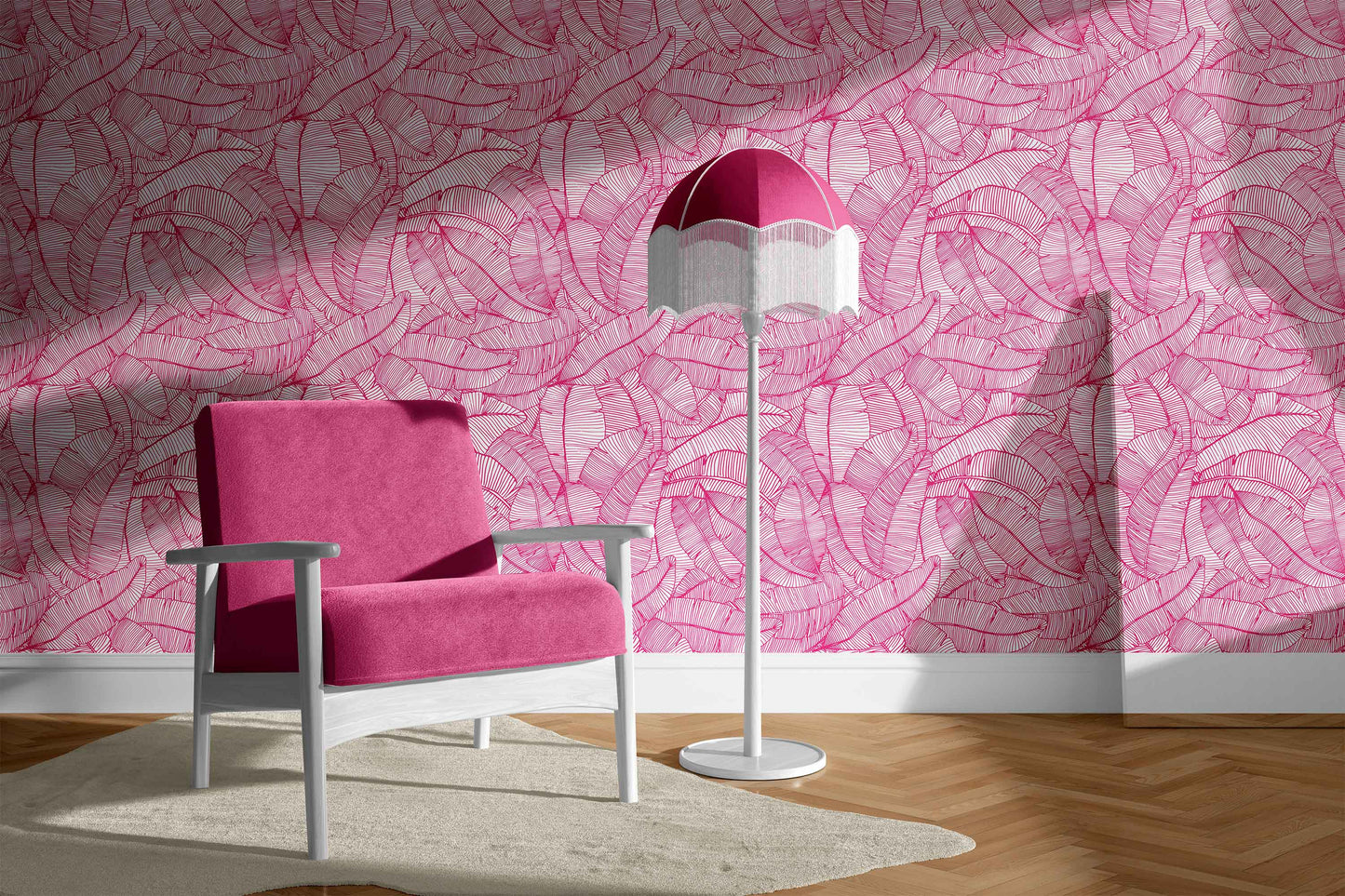 hot-pink_A wallpaper with a pattern of hot pink and white feathers.