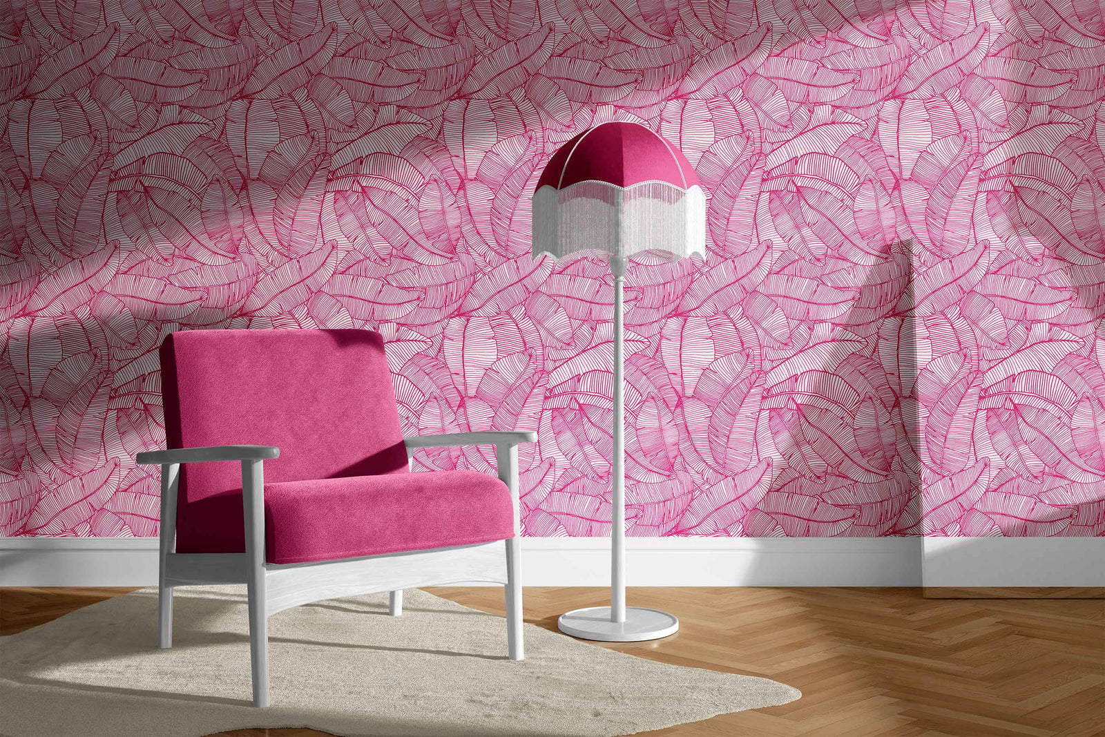 hot-pink_A wallpaper with a pattern of hot pink and white feathers.