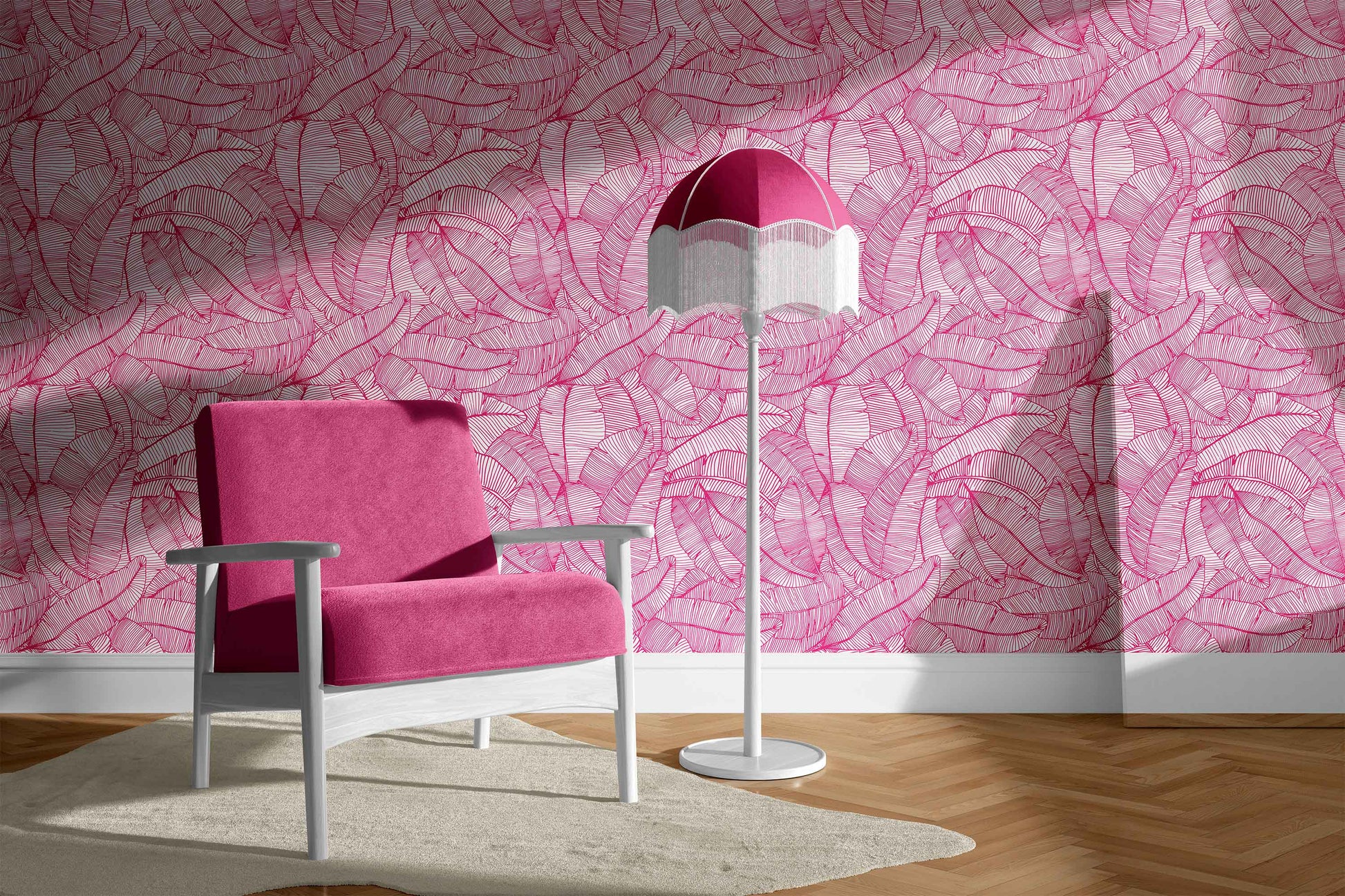 hot-pink_A wallpaper with a pattern of hot pink and white feathers.