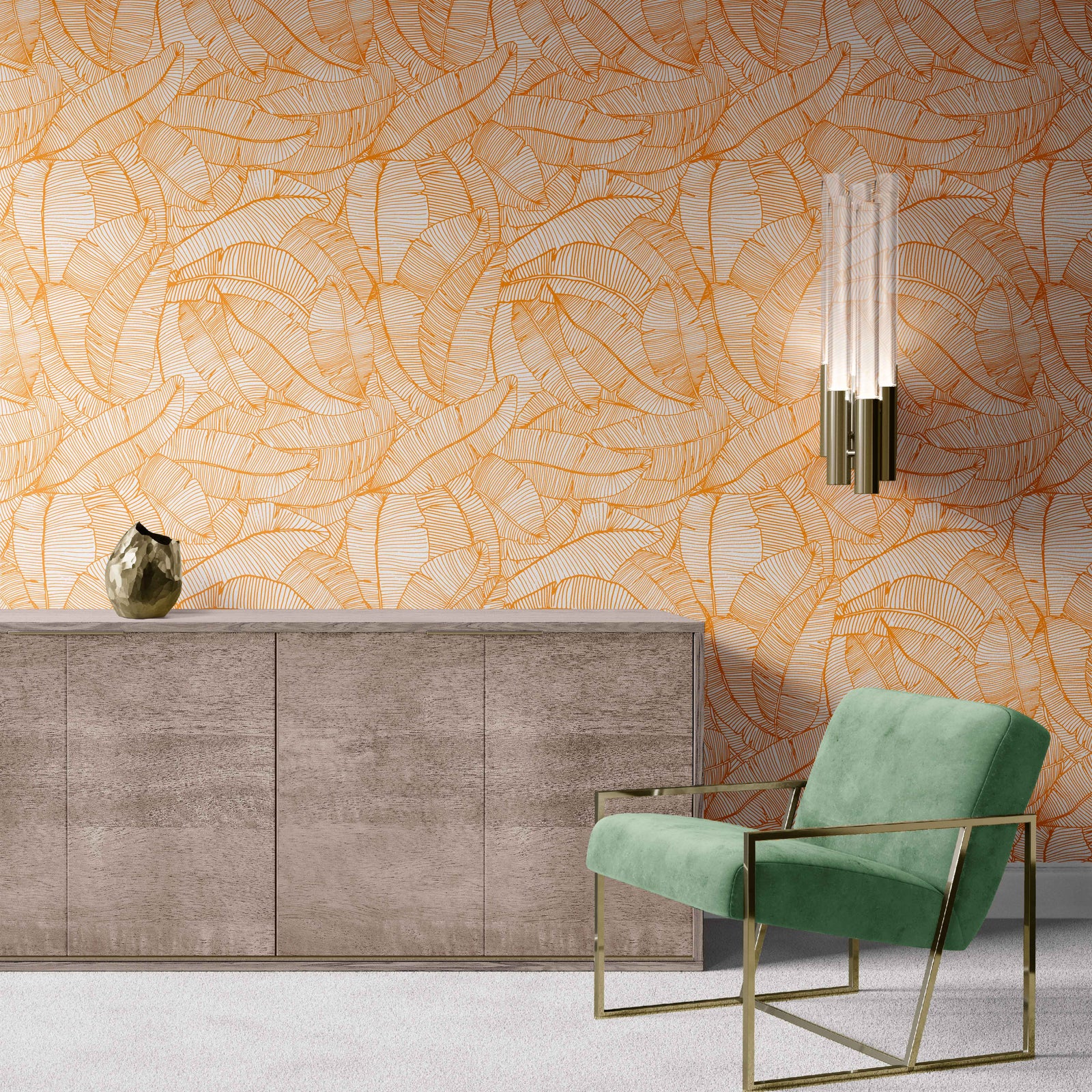 orange_A wallpaper with a pattern of orange and white feathers.