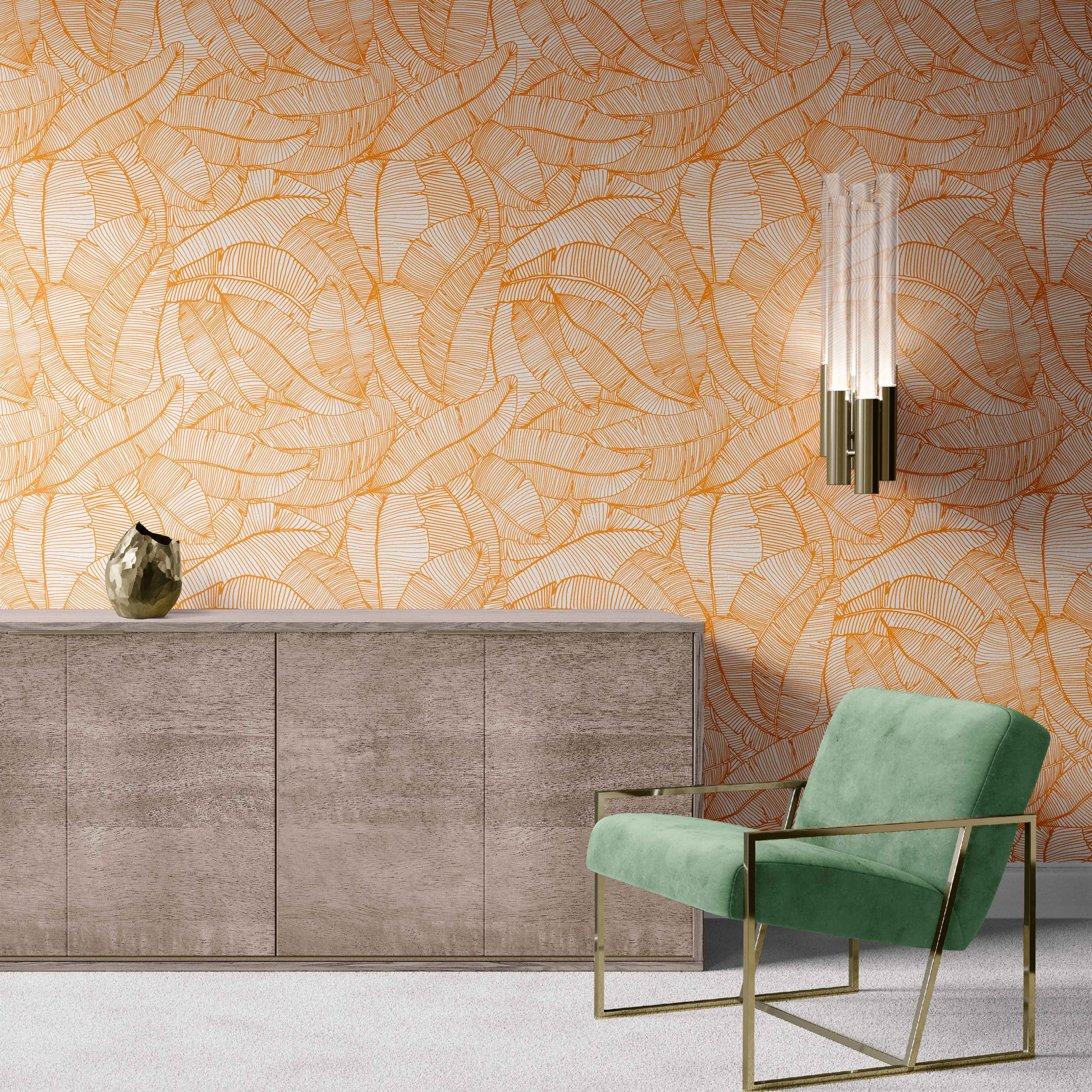 orange_A wallpaper with a pattern of orange and white feathers.