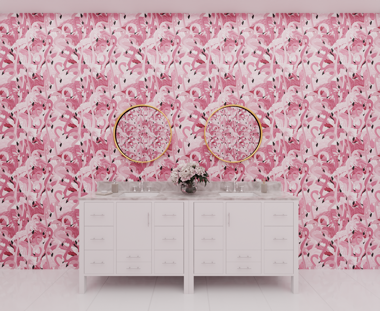 pink_A wallpaper pattern featuring a dense, repeating design of pink flamingos on a white background.