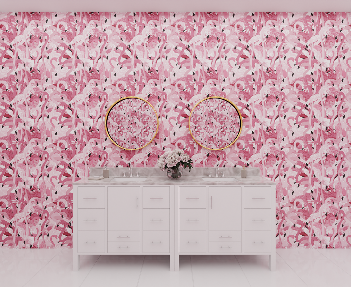 pink_A wallpaper pattern featuring a dense, repeating design of pink flamingos on a white background.