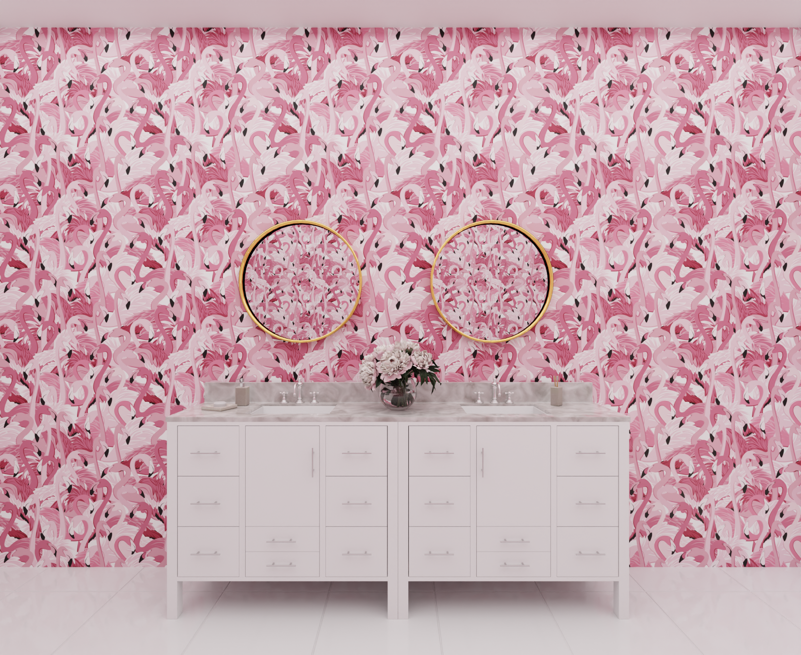 pink_A wallpaper pattern featuring a dense, repeating design of pink flamingos on a white background.