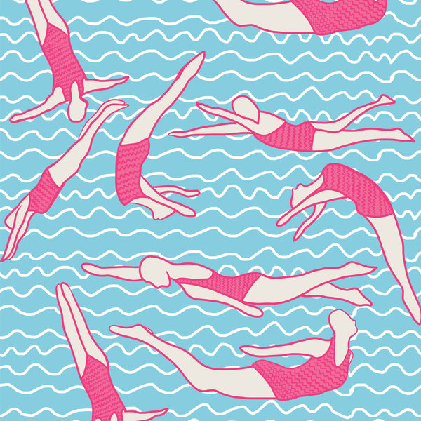 blue_A wallpaper pattern featuring stylized pink swimmers on a blue wave background.