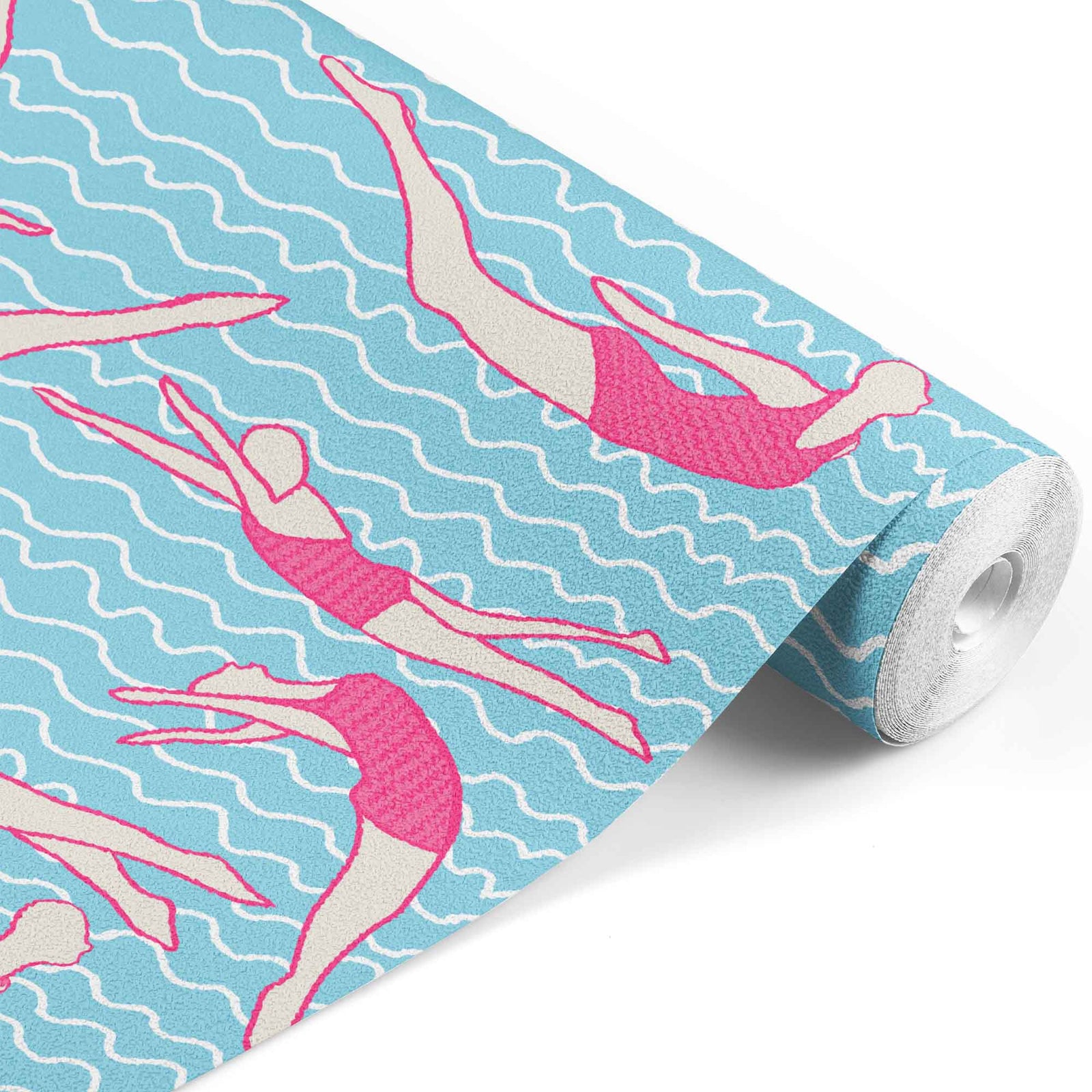 blue_A wallpaper pattern featuring stylized pink swimmers on a blue wave background.