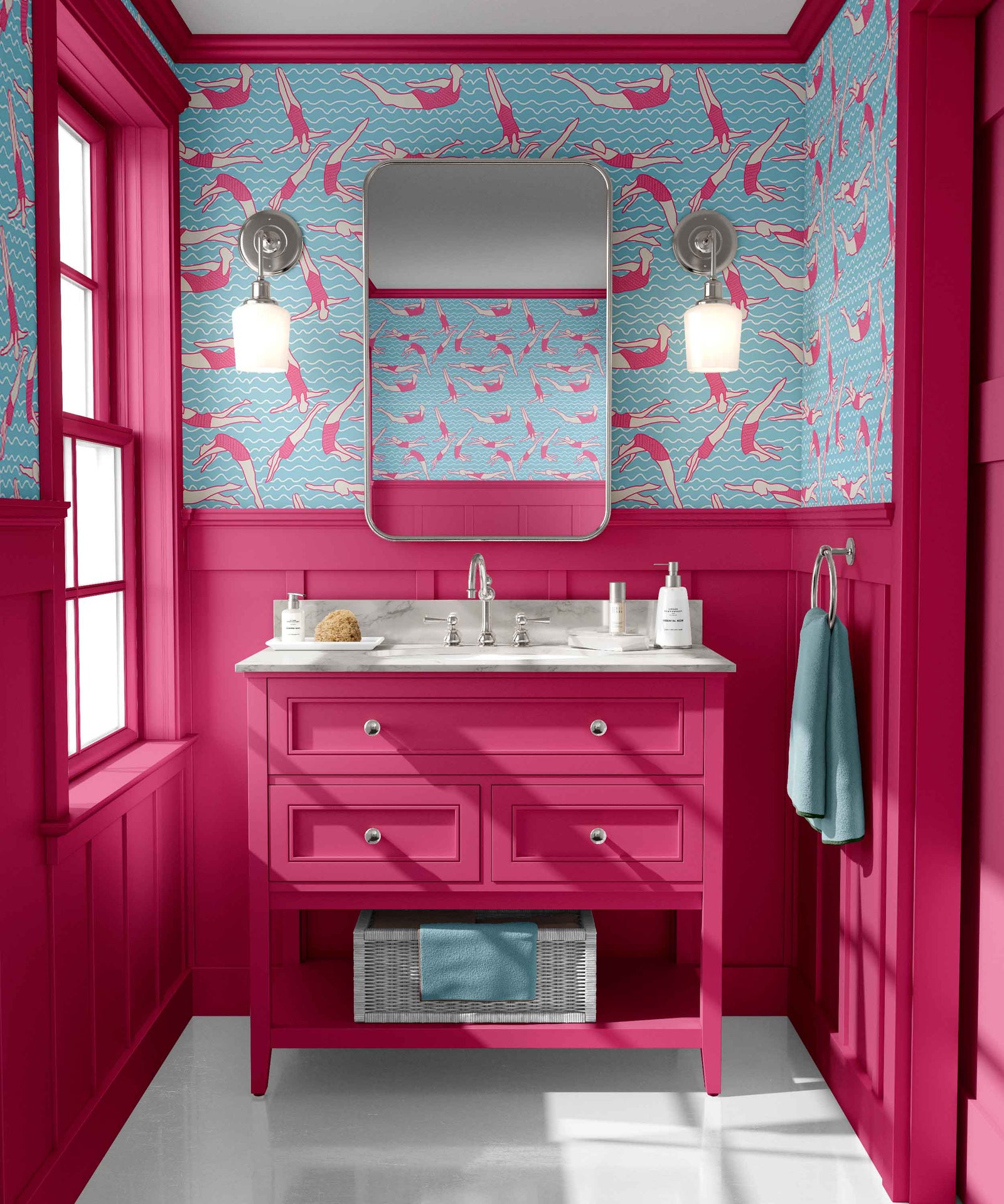 blue_A wallpaper pattern featuring stylized pink swimmers on a blue wave background.