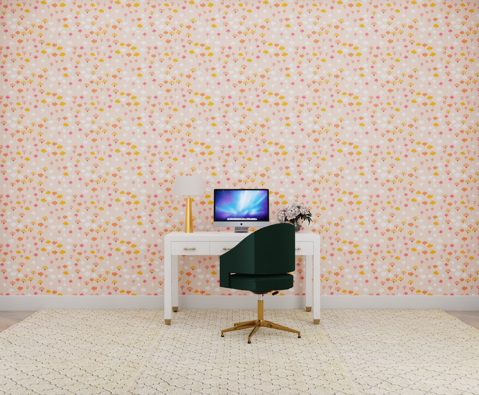 pale-pink_A wallpaper pattern featuring abstract floral designs in pink, yellow, and white colors on a beige background.