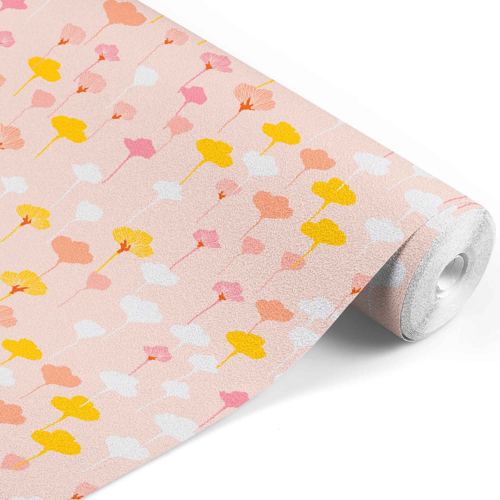 pale-pink_A wallpaper pattern featuring abstract floral designs in pink, yellow, and white colors on a beige background.