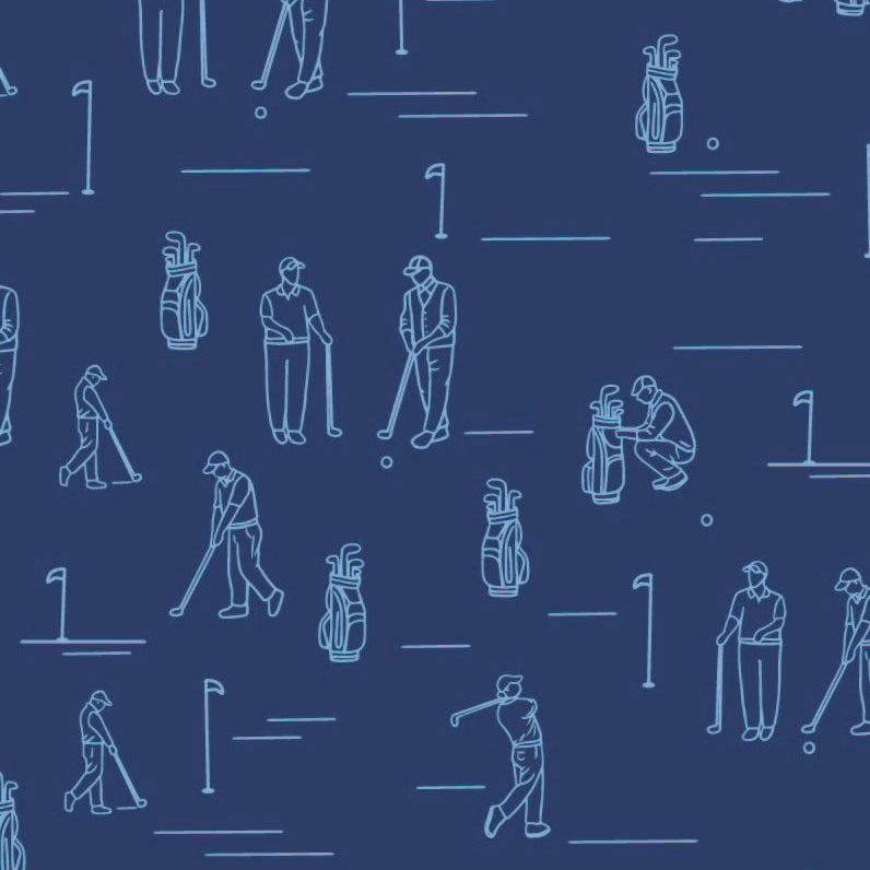 blue_A wallpaper featuring various illustrated golfers and golfing equipment, such as golf bags, tees, and clubs, on a blue background.