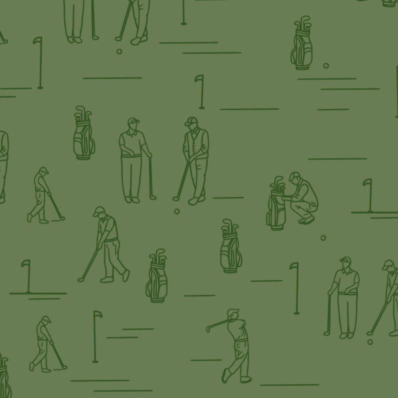 green_A wallpaper featuring various illustrated golfers and golfing equipment, such as golf bags, tees, and clubs, on a green background.