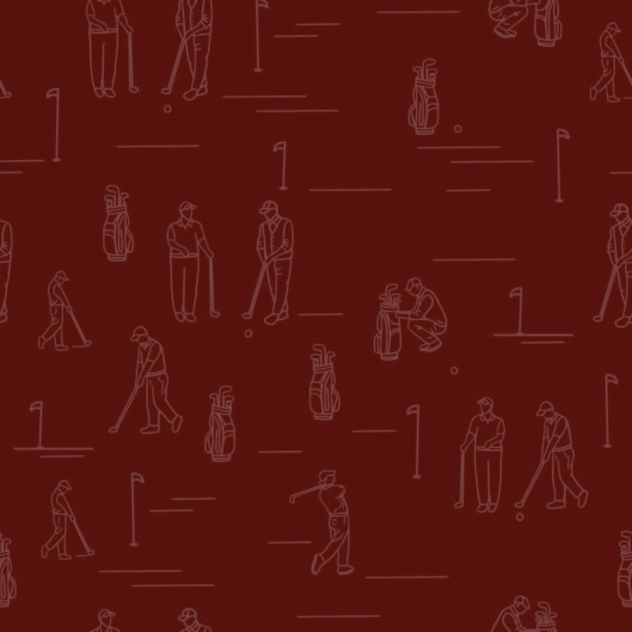 red_A wallpaper featuring various illustrated golfers and golfing equipment, such as golf bags, tees, and clubs, on a red background.